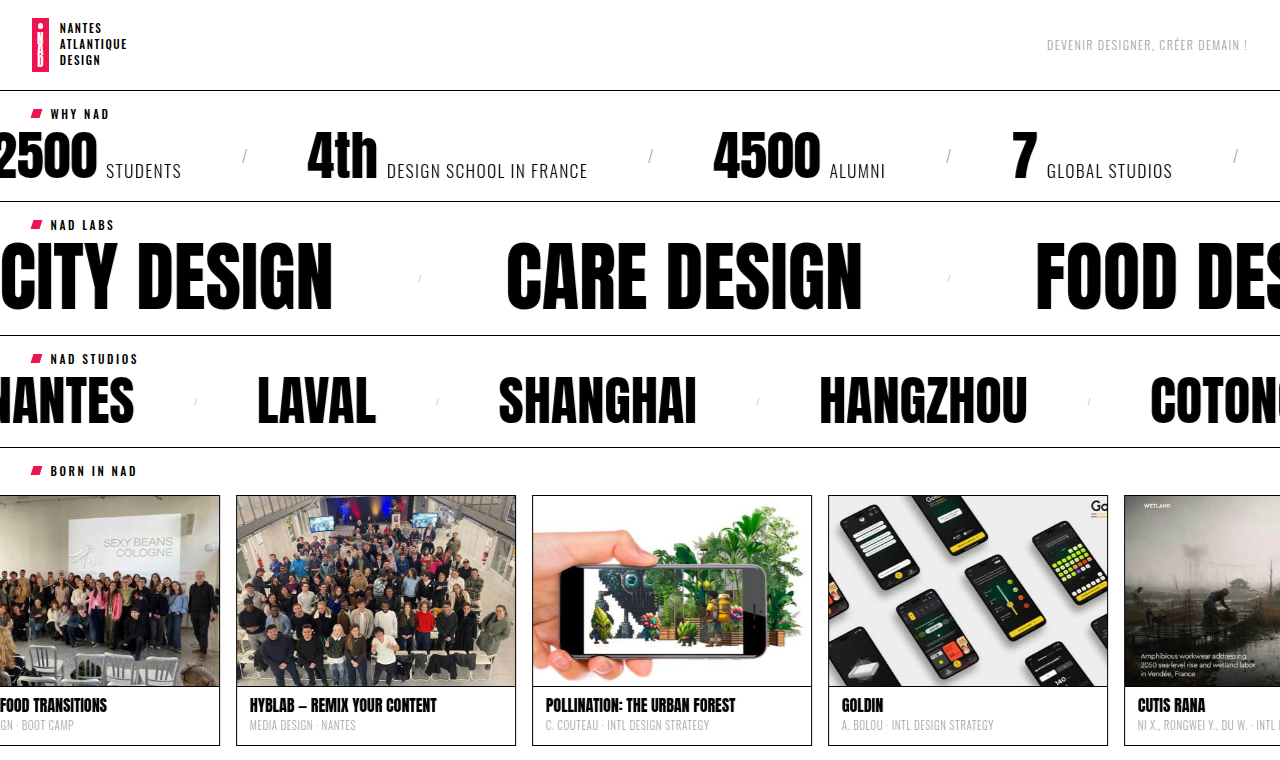 Aperçu de la maquette de homepage NAD — chiffres clés, Labs, Studios, projets étudiants