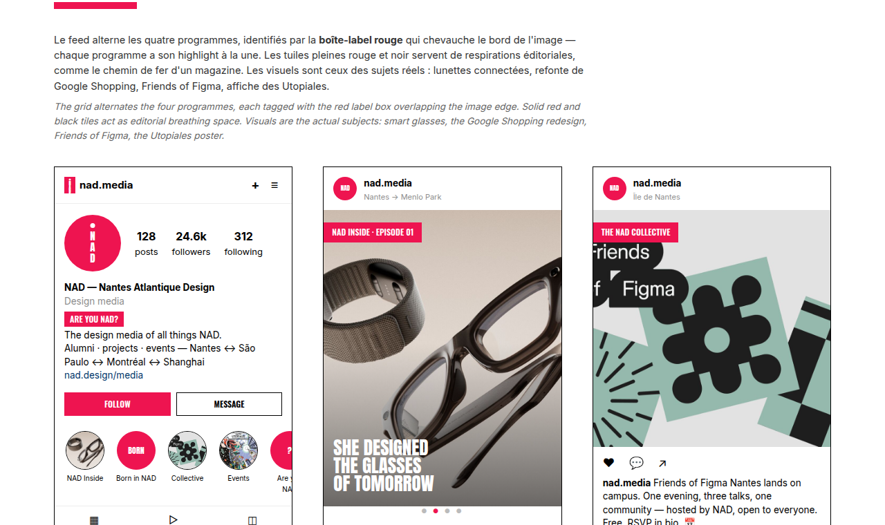 Aperçu des maquettes NAD Media — profil Instagram et posts